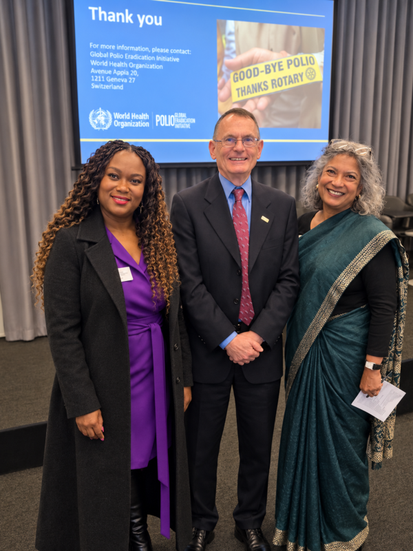 Left to right Amanda Joseph  President Elect of Welwyn Garden City Rotary Club and District 1260 Membership Lead, Dr Kendall Pit District Governor of 1260 , Ms Sona Bari World Health Organisation