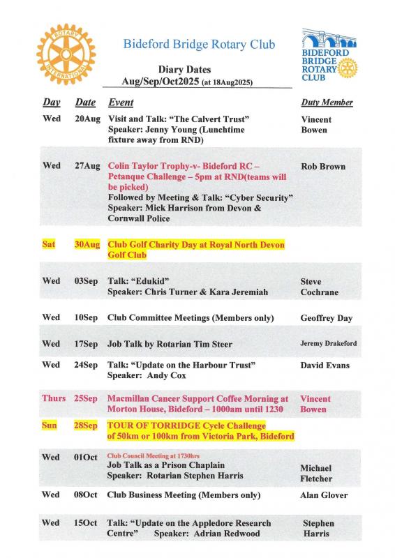 Diary Dates AUG/SEP/OCT 2025