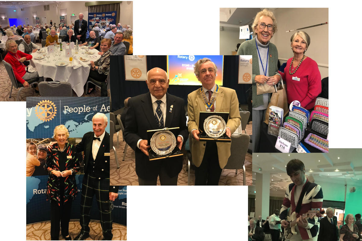 A montage of five photographs taken indoors. The central photo shows two men holding silver plates