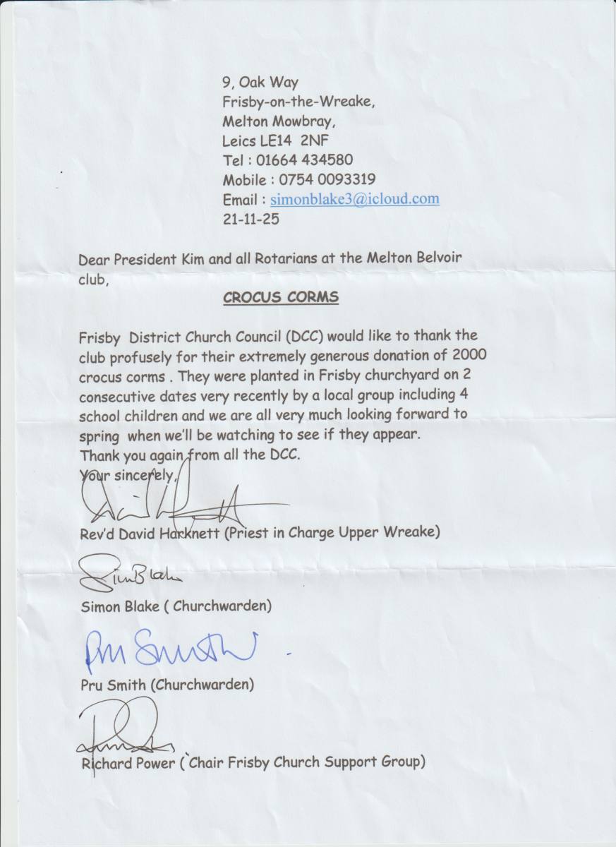 Thankyou letter from Frisby DCC