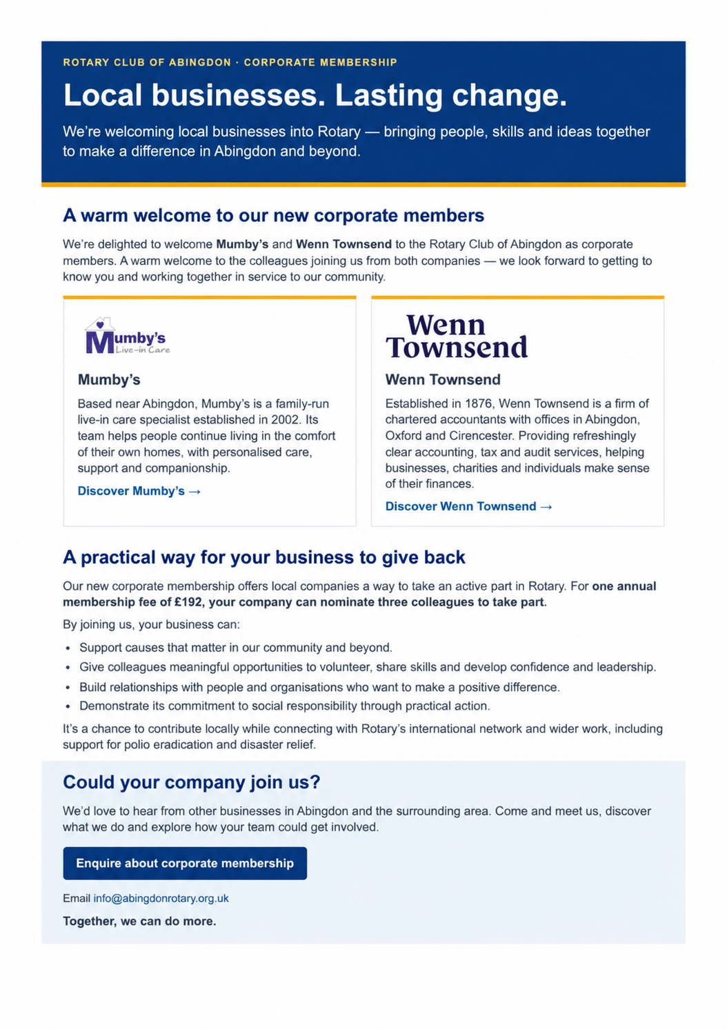 Rotary Club of Abingdon corporate membership information, welcoming Mumby’s and Wenn Townsend
